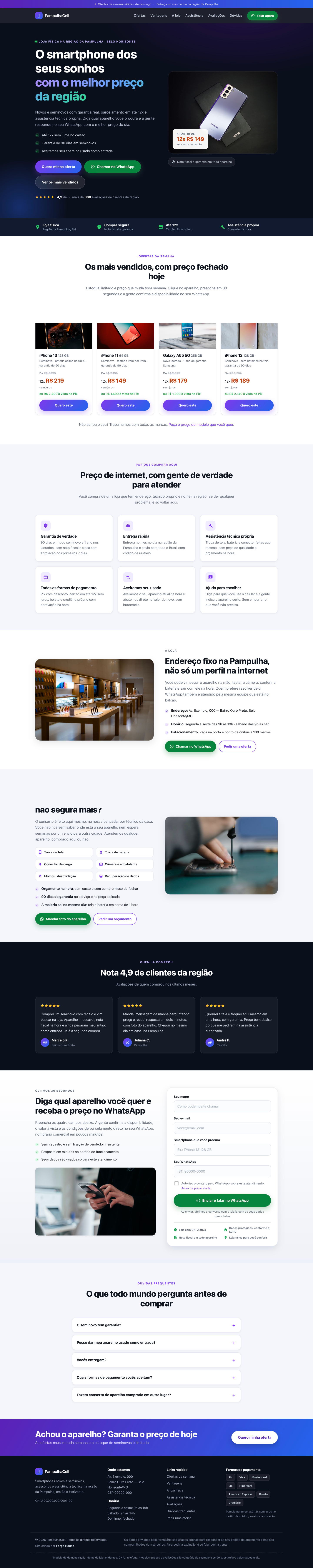 Landing page da PampulhaCell na versão desktop, do topo ao rodapé